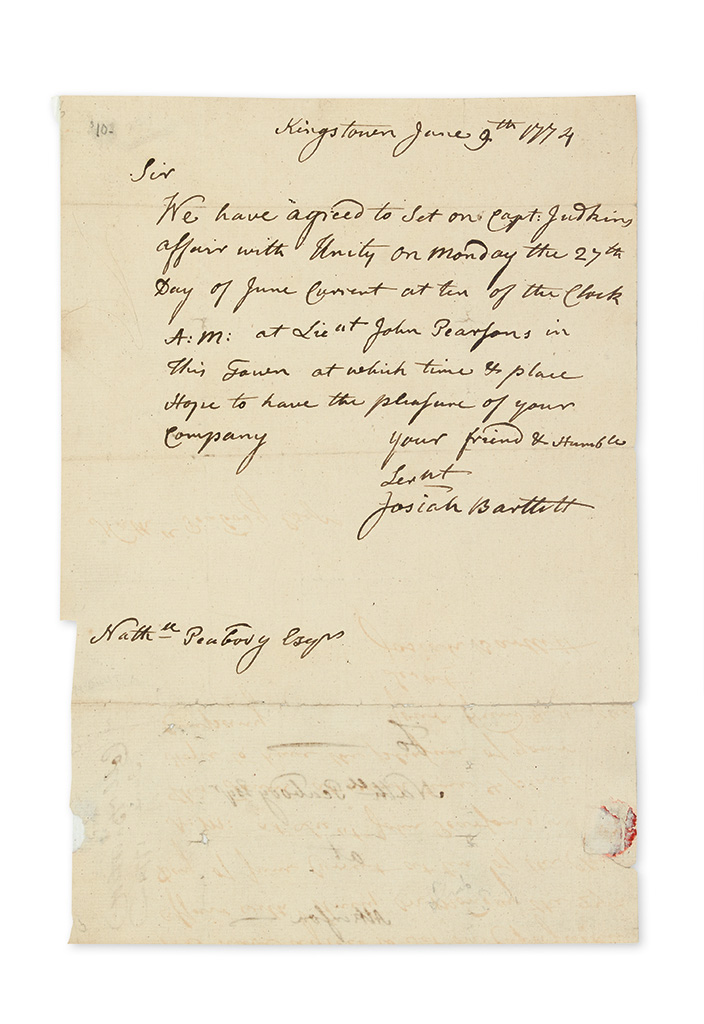 BARTLETT, JOSIAH. Autograph Letter Signed, to Nathaniel Peabody,